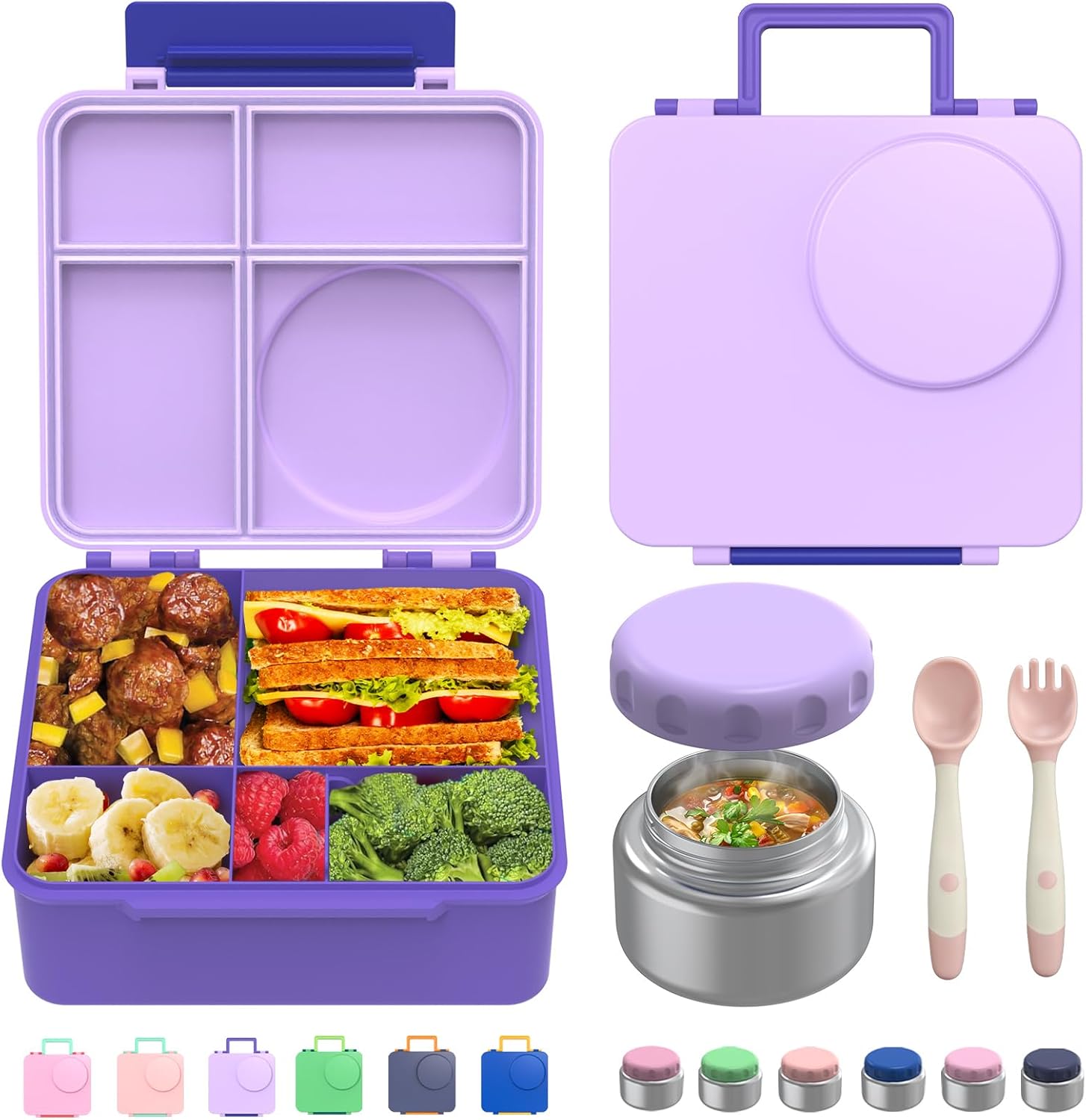 Bento Box for Kids - Leak-Proof Lunch Box with Insulated Thermos Food Jar - 4 Compartments, 1 Removable Divider, 1Spoon, 1 Fork - Dishwasher Safe, BPA-Free (Light purple)