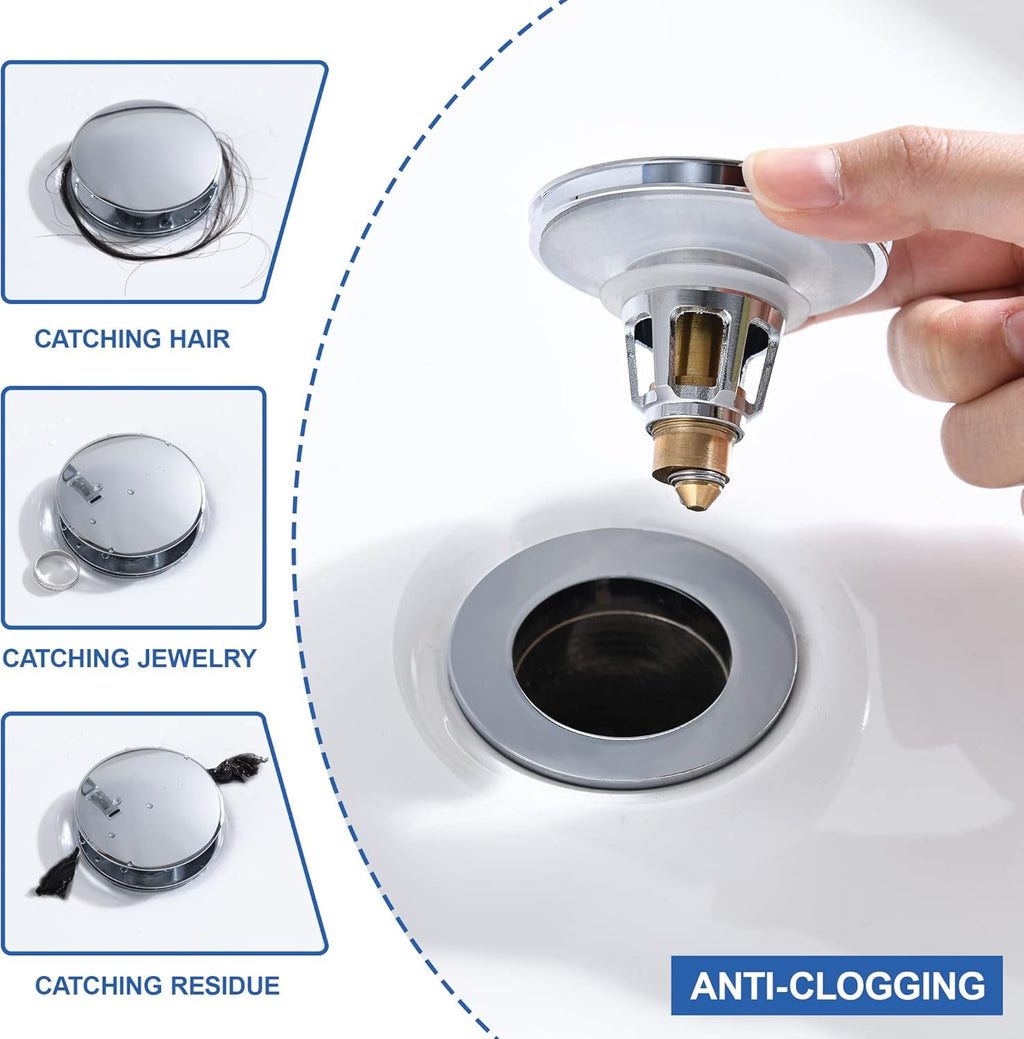 Universal 3-in-1 Bathroom Sink Stopper - Chrome Pop Up Sink Drain Stopper, Push Button Sink Drain Stopper Replacement, Wash Basin Drain Filter Plug with Anti-Clogging Strainer, (Large Cover)