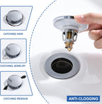 Universal 3-in-1 Bathroom Sink Stopper - Chrome Pop Up Sink Drain Stopper, Push Button Sink Drain Stopper Replacement, Wash Basin Drain Filter Plug with Anti-Clogging Strainer, (Large Cover)