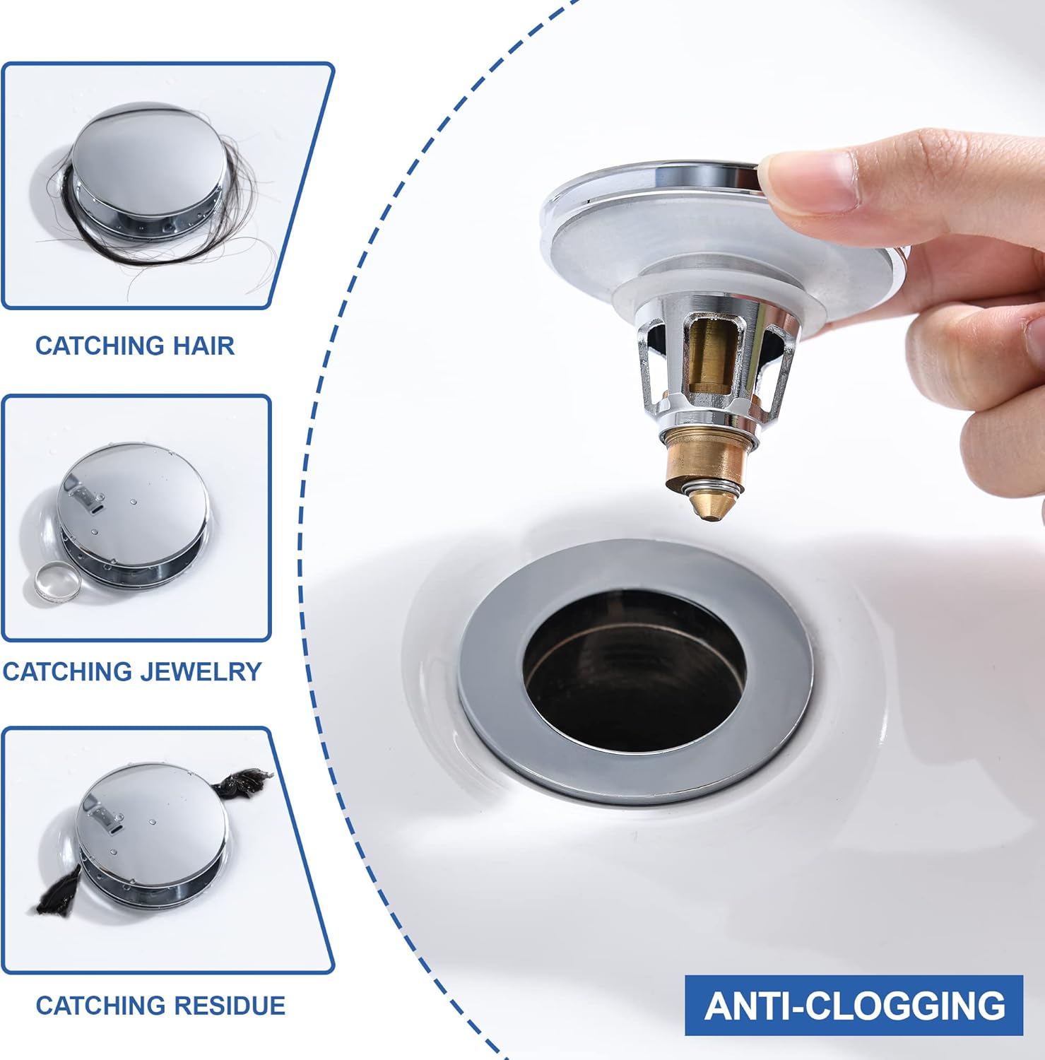 Universal 3-in-1 Bathroom Sink Stopper - Chrome Pop Up Sink Drain Stopper, Push Button Sink Drain Stopper Replacement, Wash Basin Drain Filter Plug with Anti-Clogging Strainer, (Large Cover)