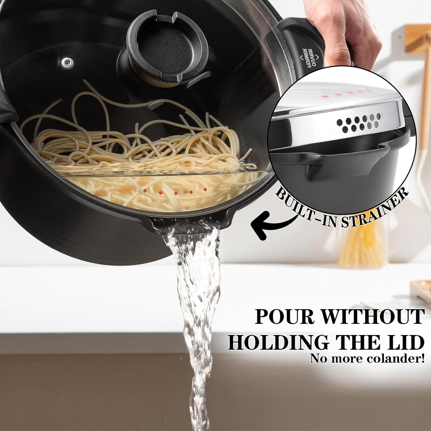 ACTIV CUISINE 5qt Pasta Pot with Strainer Lid, Cast Aluminum Stockpot Multipot, Nonstick Ceramic Coating make Cleanup easy with Tempered Glass Lid, Dishwasher Safe, Induction, Black