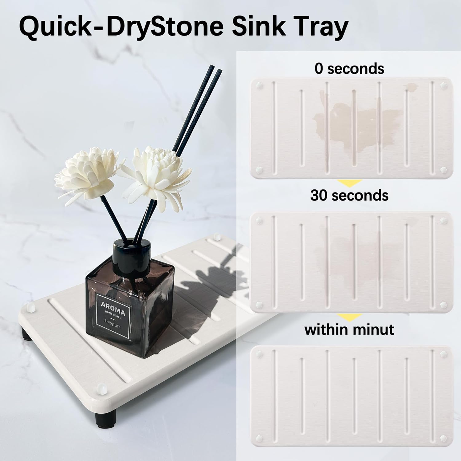 2PCS Water Absorbing Stone Drying Mat for Bathroom Sink & Kitchen Counter Organizer, Instant Dry Soap Dispenser Sponge Holder, Sink Caddy, Vanity Tray (8.66"x4.33"-White)