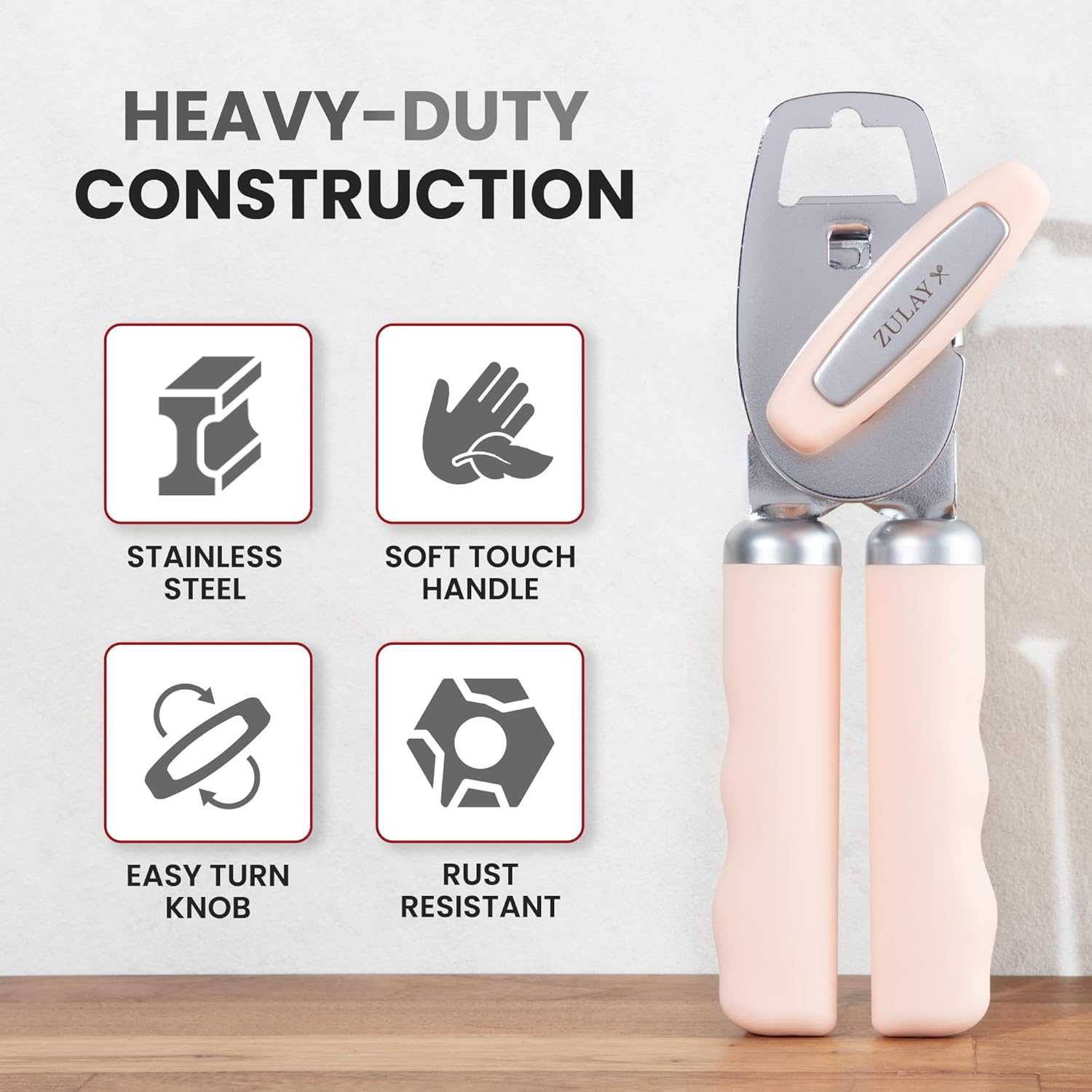 Zulay Kitchen Heavy Duty Stainless Steel Can Opener Manual with Bottle Opener - Rust Proof Manual Can Opener With Turn Knob & Comfy Soft Grip Handles - Peach