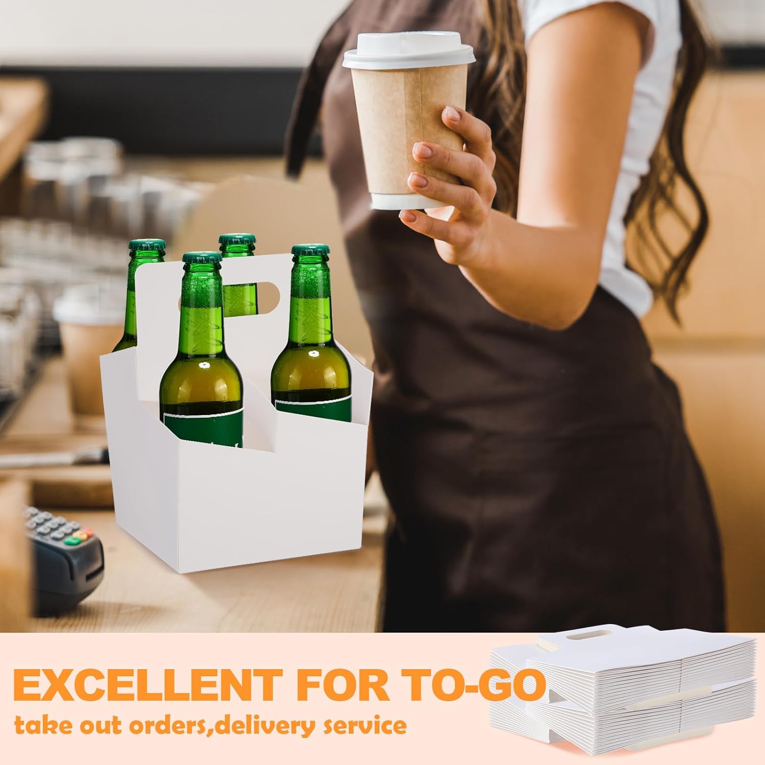 Jetec 4 Cup Drink Carrier with Handle, Kraft Paperboard Beer Carrier, Disposable Drink Holder for Hot or Cold Drinks, 12-16 oz Bottle Holder for Soda and Other Bottled Products(50 Pcs,White)