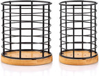 2-Piece Metal Kitchen Utensil Holder Set, Black Crocks with Wooden Bases, 5.1"×5.1"×5.8" & 3.7"×3.7"×5.8" Sizes