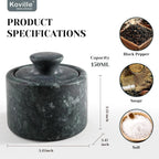 Koville Indian Green Marble Salt Cellar with Lid 3.5", Stone Pepper Container & Spice Jars for Kitchen, Marble Salt and Pepper Holder, Stone Storage Box for Kitchen Counter, Spice Jar