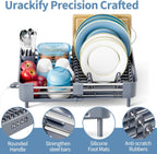 Stainless Steel Dish Drying Rack - Dish Drainer for Kitchen Counter, Extendable Drainboard with Foldable, Space-Saving Cup & Bowl Organizer, Includes Knife and Utensil Holder, Gray