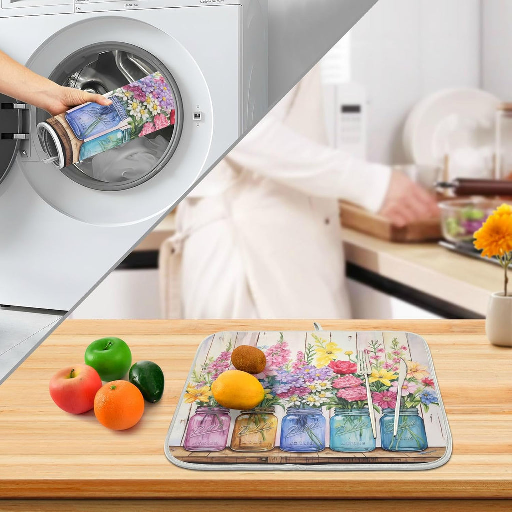 Spring Floral Jars Rustic Dish Drying Mat for Kitchen Counter Absorbent Microfiber Small Drying Pad Flowers Dish Mats for Kitchen Countertops 16 x 18 Inch