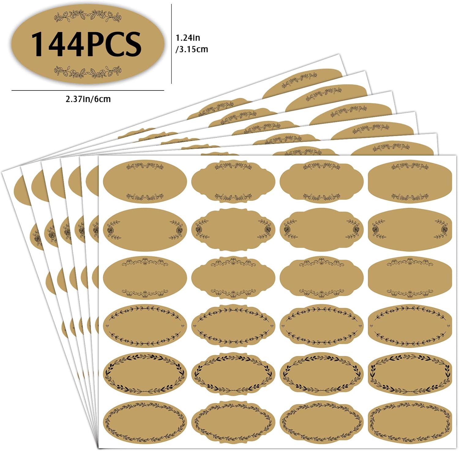 Nardo Visgo Oval Vintage Brown Labels for Bottles, Removable Waterproof Write-on Sticker Labels for Essential Oil Bottles, Christmas Gift Tags, Food Spice Jars or Handmade Jam,Free Black Marker,144pcs