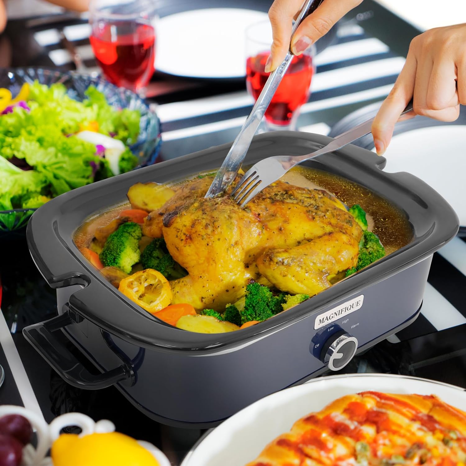 Magnifique 4-Quart Slow Cooker with Casserole Manual Warm Setting - Perfect Kitchen Small Appliance for Family Dinners, Dishwasher Safe Crock, Blue