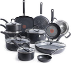 T-Fal Ultimate Hard Anodized Nonstick Cookware Set 17 Piece, Nonstick Pots and Pans Set with Fry Pan, Saucepans, Saute-Pan, Griddle, Dishwasher Safe, Black