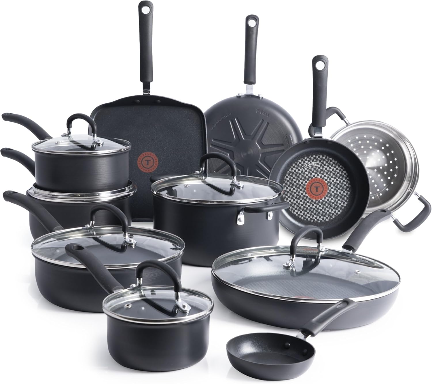 T-Fal Ultimate Hard Anodized Nonstick Cookware Set 17 Piece, Nonstick Pots and Pans Set with Fry Pan, Saucepans, Saute-Pan, Griddle, Dishwasher Safe, Black