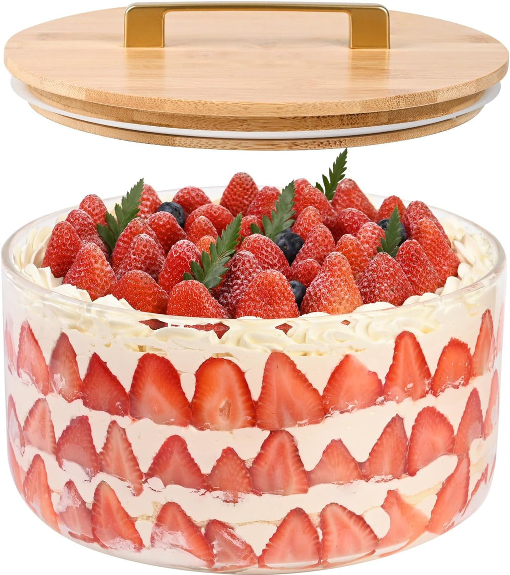 9 inch Large Salad and Trifle Bowl Glass with Lid, 155 oz Versatile Mixing and Serving Dish for Fruit, Laying Ice Cream, Cake, Cupcake, Baking, and Dessert, Microwave Safe