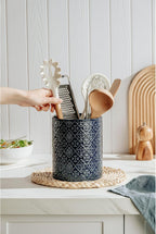 Kitchen Utensil Holder, 6x7 inch Large Ceramic Utensil Holder with Embossed Pattern, Cooking Utensil Crocks for Kitchen Countertop, Home Decor, Blue