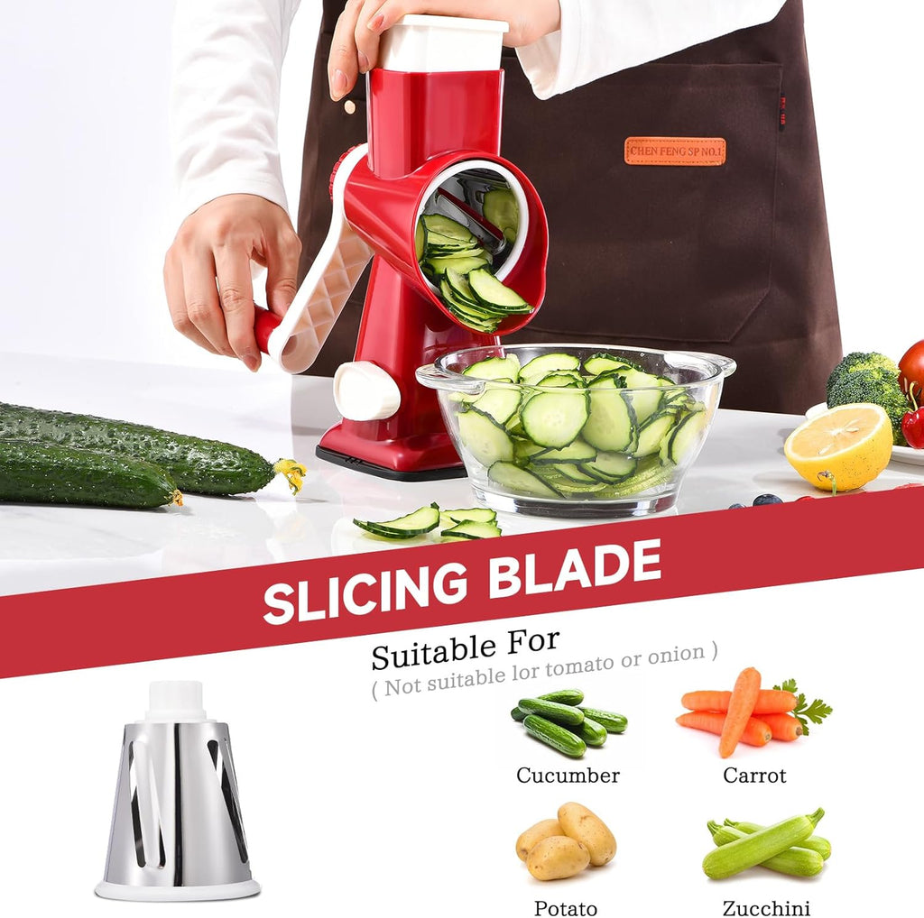 Rotary Cheese Grater Hand Crank Cheese Shredder Vegetable Mandoline Slicer for Kitchen 3 in 1 Changeable Blades for Cheese Potato Nuts Chocolate Ice (RedWhite)