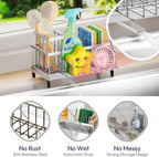 SWTYMIKI Sink Caddy Sponge Holder - Large Sponge Holder for Kitchen Sink with 360°Auto-Drain Tray, Rustproof Stainless Steel Kitchen Organizer Caddy for Countertop Organization