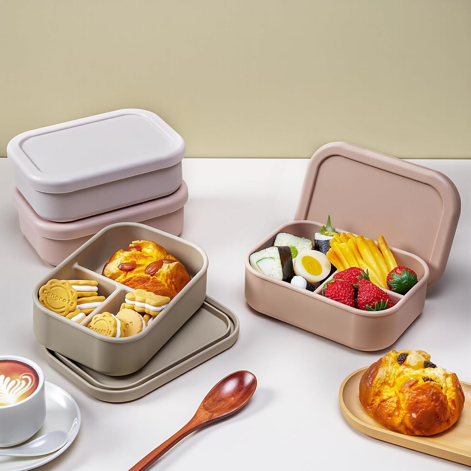 Honeydak 4 Pcs Silicone Bento Lunch Box 3 Compartment Reusable Leakproof Silicone Bento Lunch Container for Adults Microwave Dishwasher Freezer Safe(Bohemian Color)