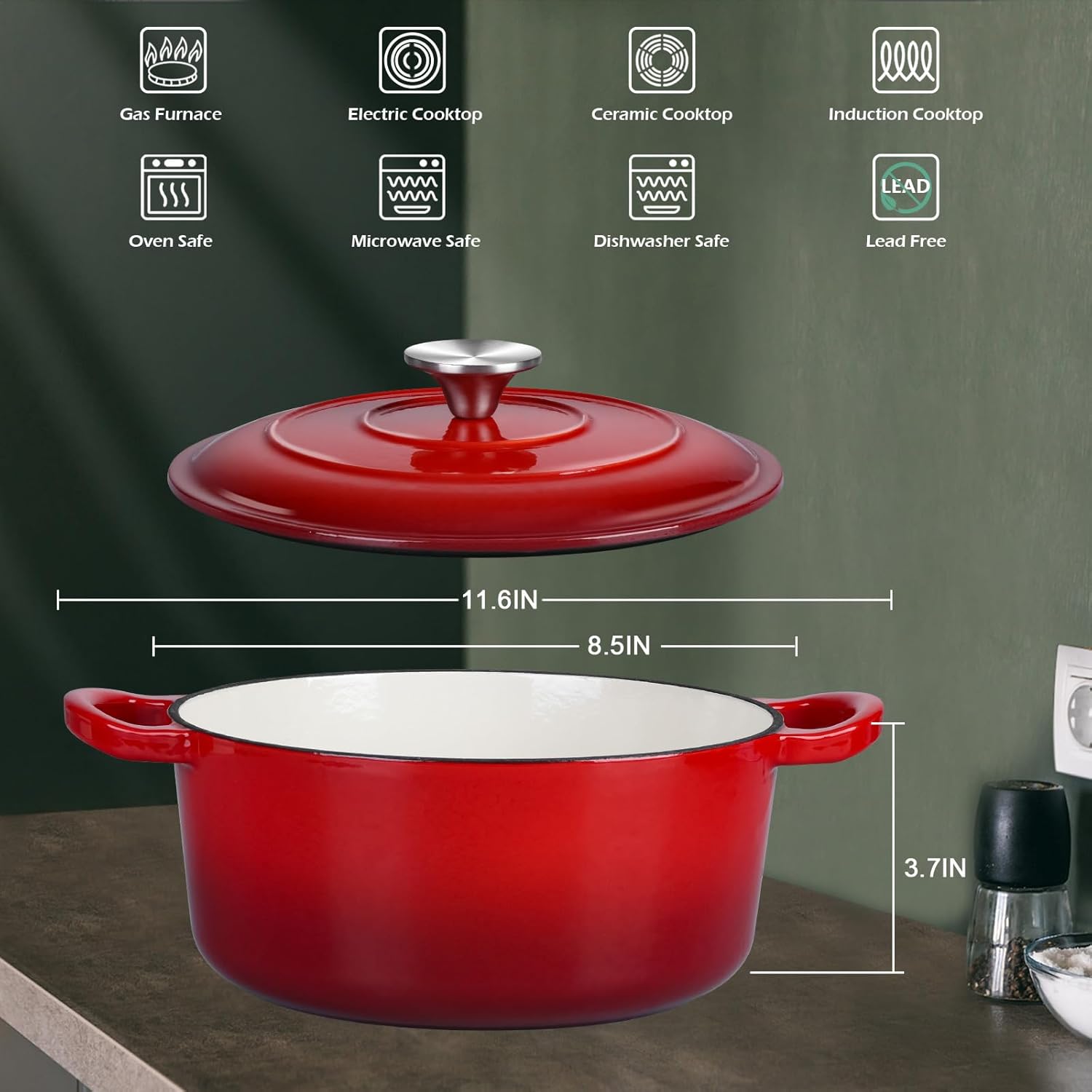 3QT Dutch Oven Pot with Lid, Leonyo 3 Quart Enameled Cast Iron Dutch Oven for Sourdough Bread Baking, Heavy Duty Cookware for Braising, Stews, Roasting, Red