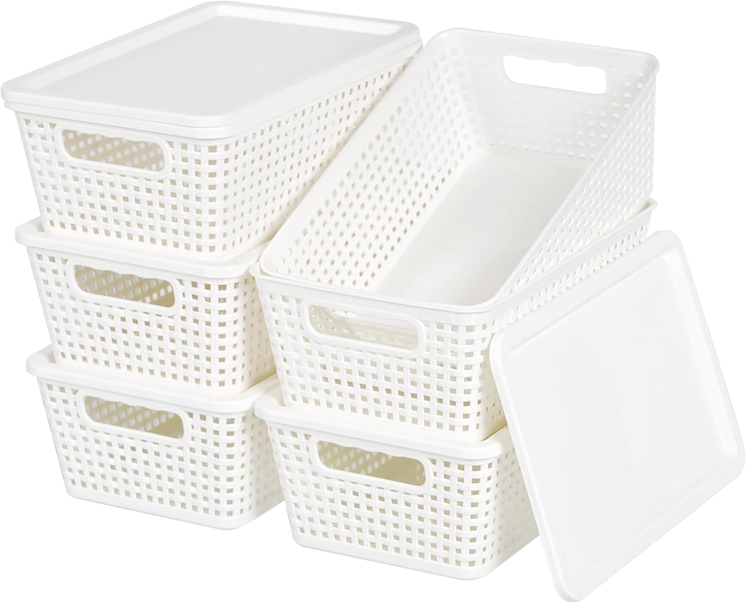 Plastic Storage Baskets With Lid, Storage Bins for Organizing, Stackable Decorative Containers for Shelves Drawers Desktop Closet Playroom Classroom Office, 6 Pack- White