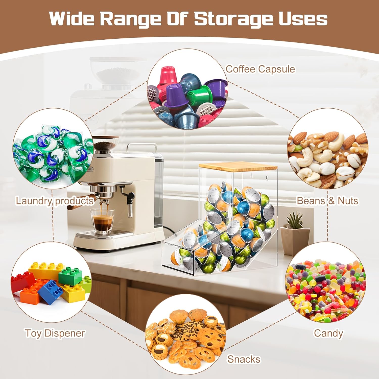 TCJJ Coffee pod organizer with bamboo lid, transparent k cup holder, 170 cubic inches capacity, can be placed on a tabletop or mounted on a wall, compatible with Nestlé coffee pod.
