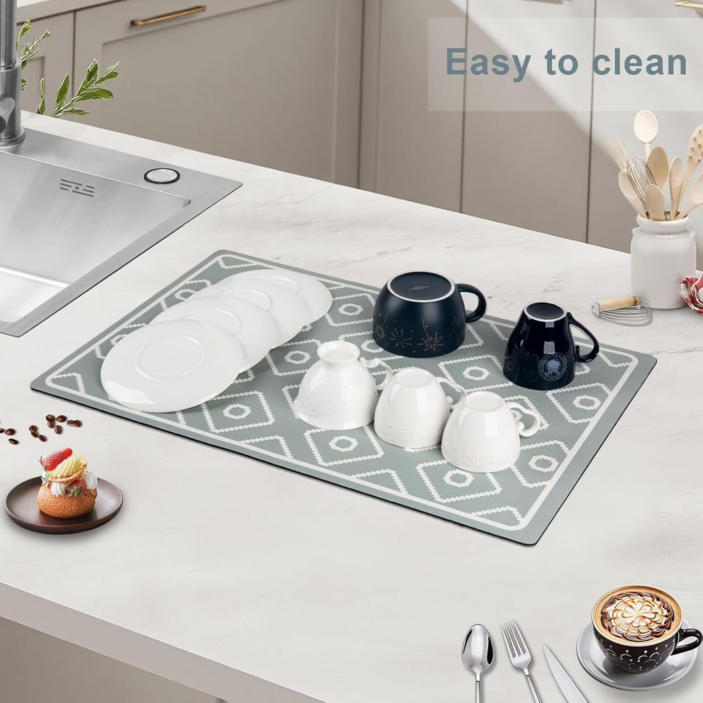 SUEH DESIGN Dish Drying Mat, Absorbent Coffee Mat 19.6 x 11.8 in Quick Dry Kitchen Drying Dish Drain Mat for Kitchen Counter Coffee Bar, Green