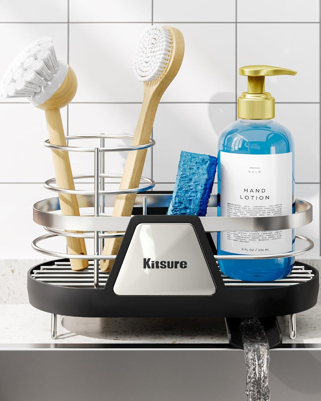 Kitsure Sponge Holder for Kitchen Sink - Space-Saving Kitchen Sink Caddy, Rustproof Metal Organizer with Removable Brush Holder, 7.9"×3.9"×5.3", Black