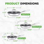 6-Piece Cookware Set Stainless Steel - 3 layers Kitchenware Pans Set Kitchen Cookware w/DAKIN Etching Non-Stick Coating - Small, Medium, & Large Stir Fry Pan with Lid - NutriChef NC3PFRY3