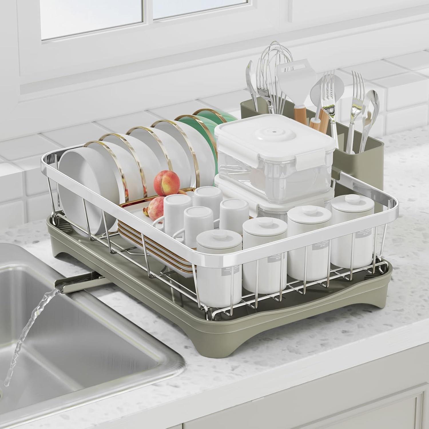 Dish Drying Rack - 304 Stainless Steel Dish Rack, Adjustable Spout Auto-Draining Dish Drainers for Kitchen Counter, Large Capacity for Bowls, Cups, Dish Drainer with Drainboard Grey