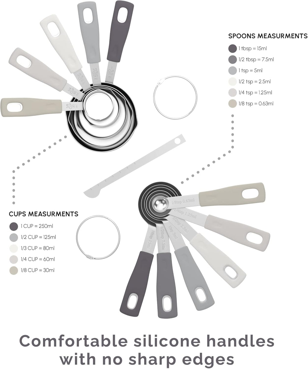 Measuring Cups and Measuring Spoons Set of 14 - Stainless Steel Measuring Cups and Spoons Set, Includes 1/8 Teaspoon Measuring Spoon, 1/8 Cup Measuring Cup, Leveler Dry (14, Charcoal)