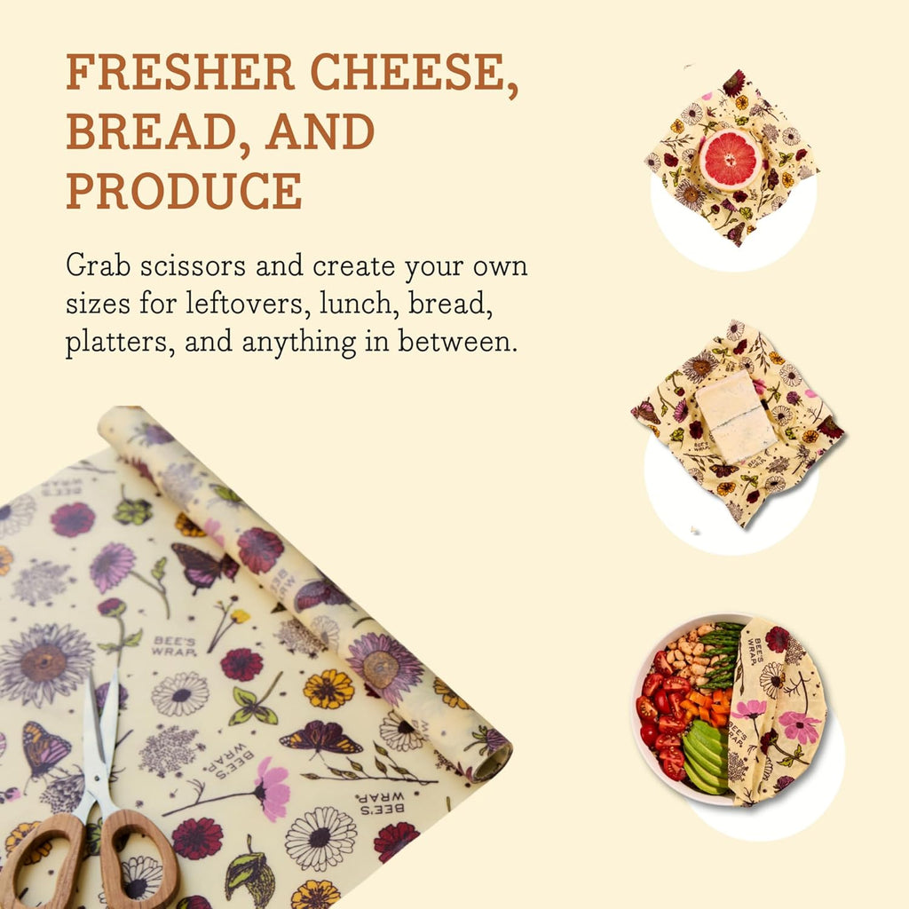 Bee's Wrap Vegan Beeswax Wraps for Food - Meadow Magic Cut to Size 14x52" Wax Paper Roll, Made in USA Reusable Waxed Paper & Bowl Covers, Organic Eco-Friendly Alternative to Aluminum Foil Plastic Wrap