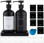 Black Soap Dispenser - Kitchen Hand Dish Soap Dispenser, Glass Bathroom Soap Lotion Dispenser with Tray, Dishwashing Liquid Dispenser, 14 Stickers, Black Bottle/Black Pump-pd