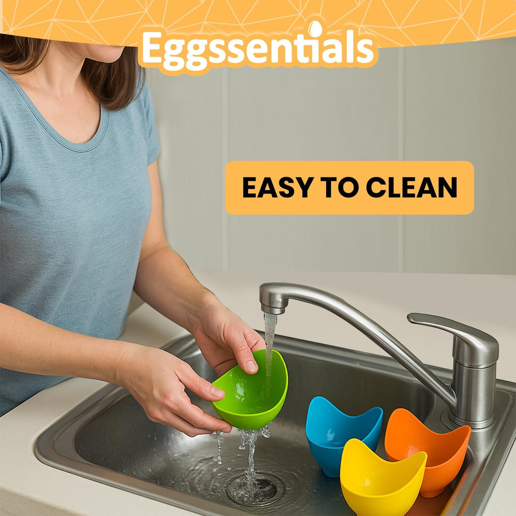 Eggssentials - Poached Egg Cups - Pack of 4 - BPA Free Silicone Egg Poacher Cups - Nonstick Poached Egg Cooker for Microwave, Stovetop, Baking – Easy to Clean Poaching Pods for Perfect Eggs