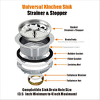 Artiwell 2-Pack Kitchen Sink Basket Strainer and Stopper, 3-1/2” Kitchen Drain Assembly with Strainer and Sink Stopper, Kitchen Sink Strainer with Stopper, Chrome Plated