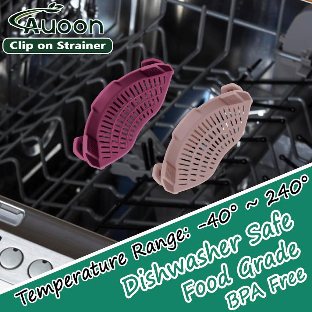 AUOON Silicone Clip on Strainer - Adjustable Strainers and Colanders for All Pots Pans and Bowls | Practical Kitchen Gadgets for Cooking and Draining (Cherry)