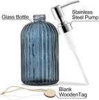 16 OZ Soap Dispenser，Tempered Glass Clear Vertical Stripe with 304 Rust Proof Stainless Steel Pump Refillable Liquid Hand Soap Dispenser，for Bathroom, Kitchen, Dish Soap，Lotion (Blue Grey)