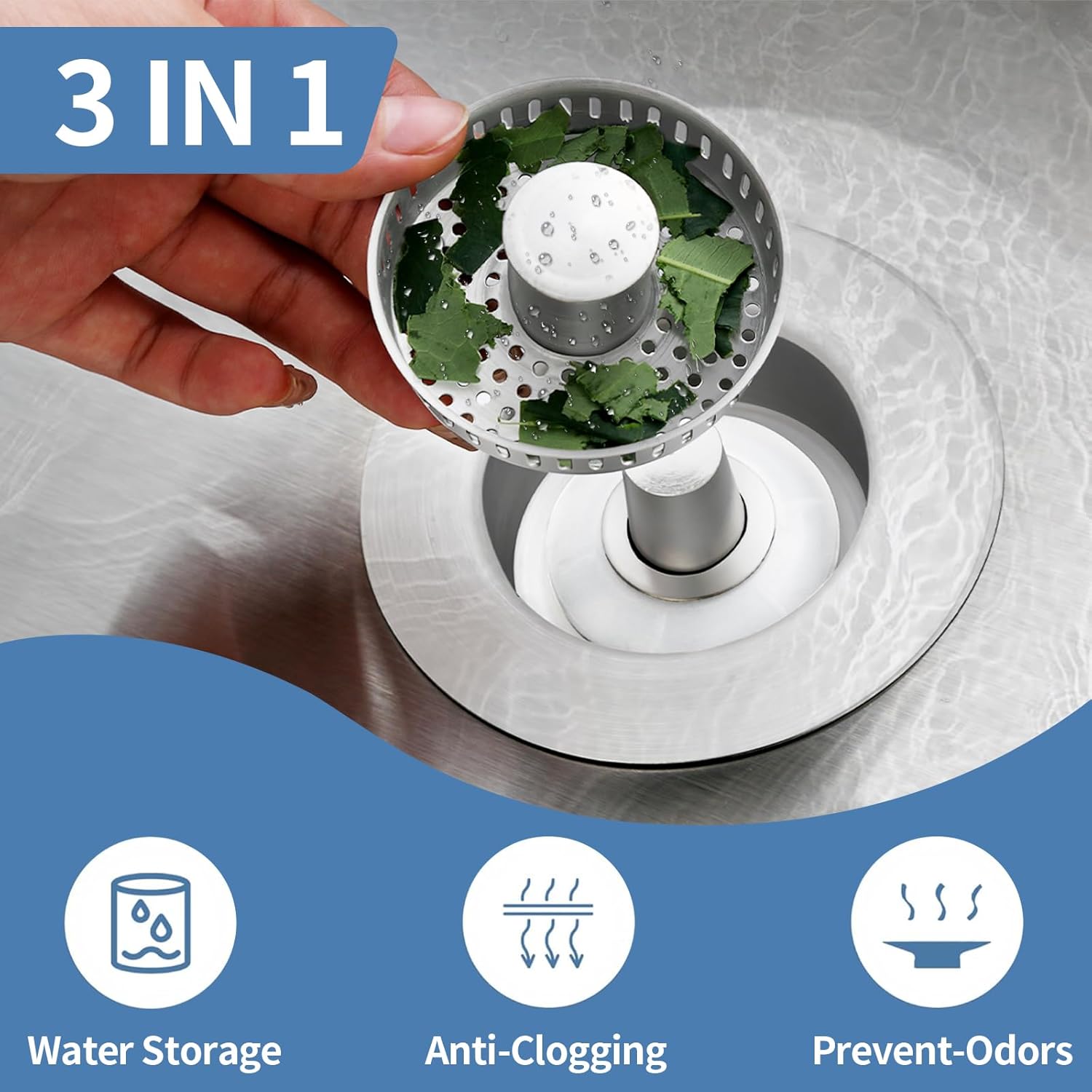 3-in-1 Stainless Steel Kitchen Sink Drain Strainer – Pop-up Sink Stopper with Sealing Ring, Anti-Clog & Odor-Proof Drain Filter, Fits 3-1/2 Inch Sink Drain Holes, Easy Installation