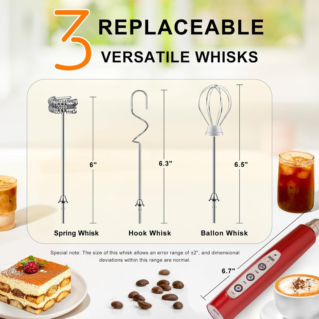 YUSWKO Red Milk Frother Handheld with 3 Heads, Coffee Whisk Foam Mixer with USB Rechargeable 3 Speeds, Electric Mini Hand Hand Frother for Latte, Cappuccino, Hot Chocolate, Egg