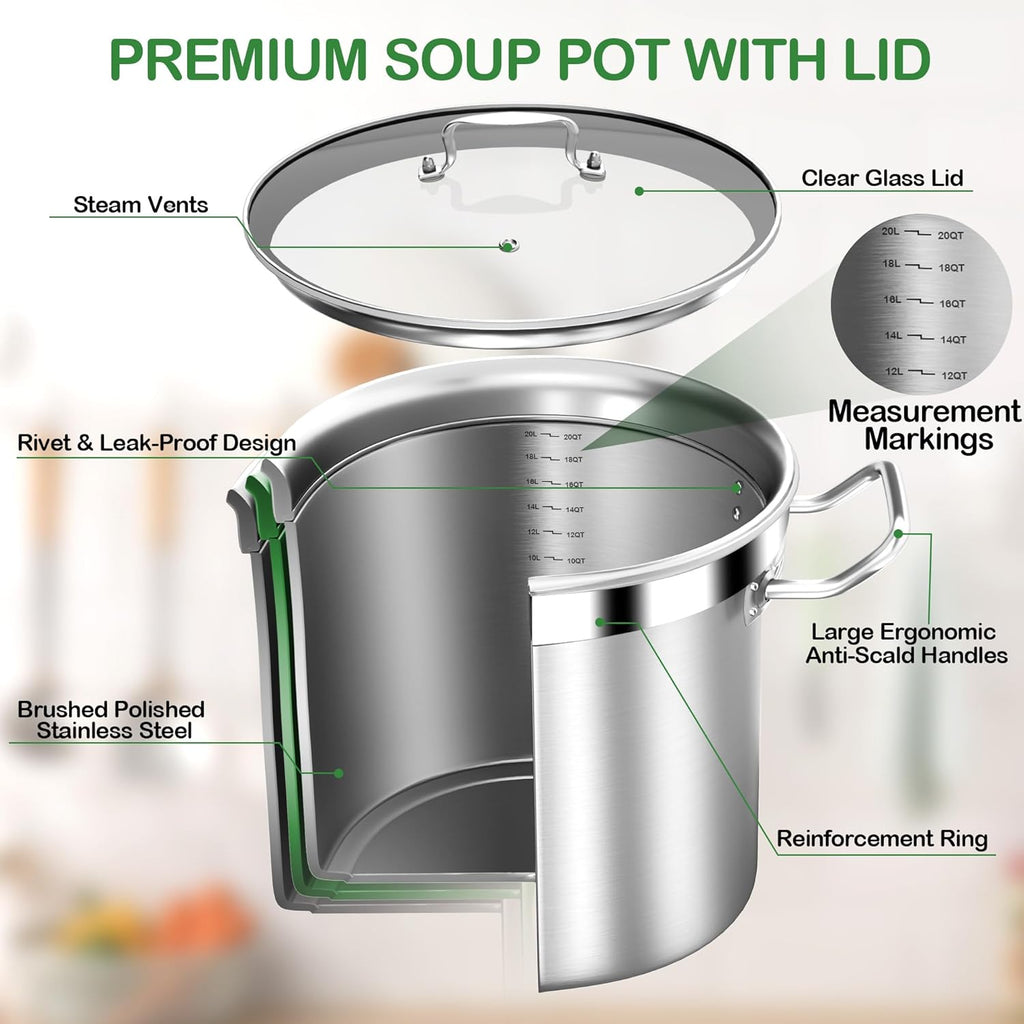Stainless Steel 20 Quart Stockpot with Tempered Glass Lid, 3-Ply Base, 8.8 lbs, Polished Finish, Suitable for Stovetop and Oven