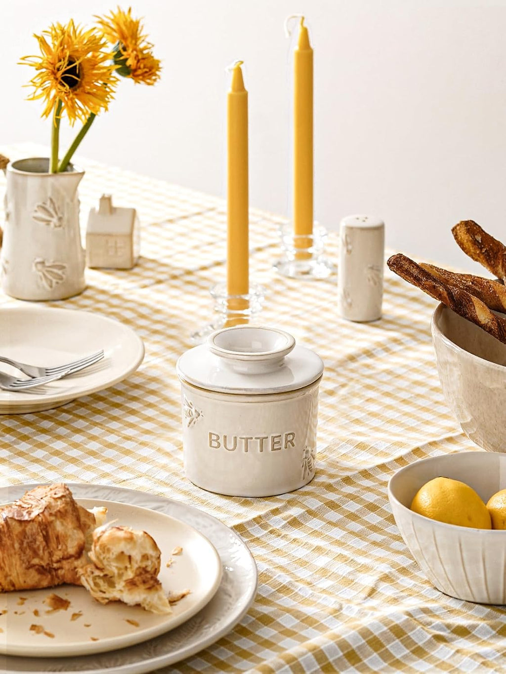 LE TAUCI Butter Crock, Butter Dish with Lid, Butter Container for Counter with Water Line, Embossed French Butter Keeper for Spreadable Butter, Suit For Housewarming - Set of 1, Arctic White, Bee
