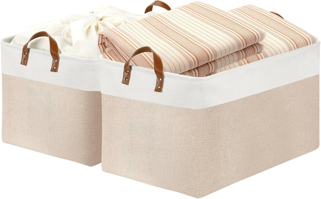 DULLEMELO Extra Large Baskets for Organizing, 22" X 15" X 13" Rectangle Fabric Storage Bins, Foldable Blanket Basket Living Room, Large Kids Toy Storage Organizer Bins, Baby Basket Gift (White&Khaki)