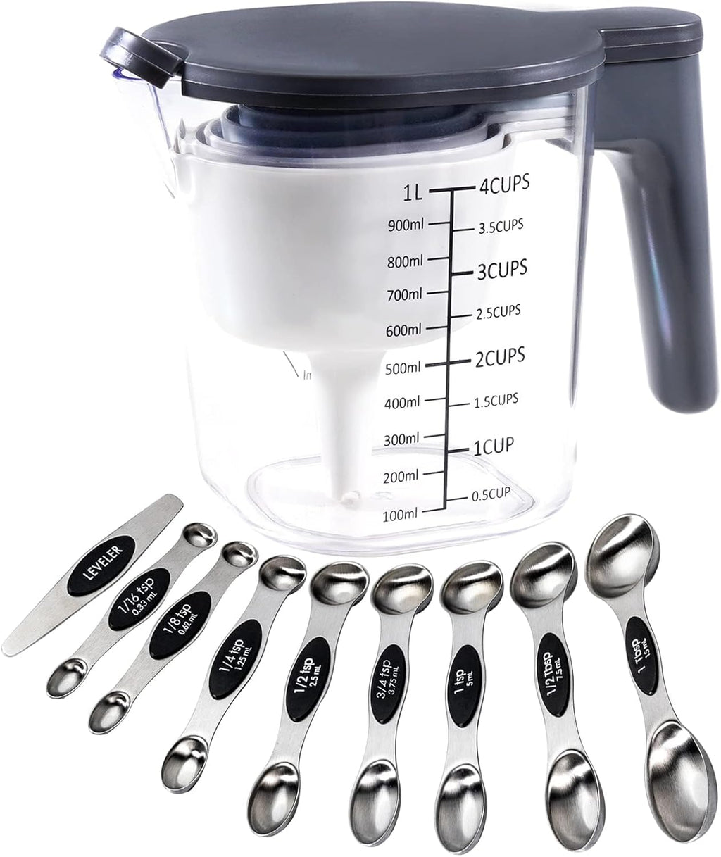 19 Pieces Measuring Cups and Spoons set, Includes 10 Stackable Measuring Cup with Lid and 9 Magnetic Measuring Spoons, Tablespoon for Liquid and Dry, BPA Free, Dishwasher Safe (Black)