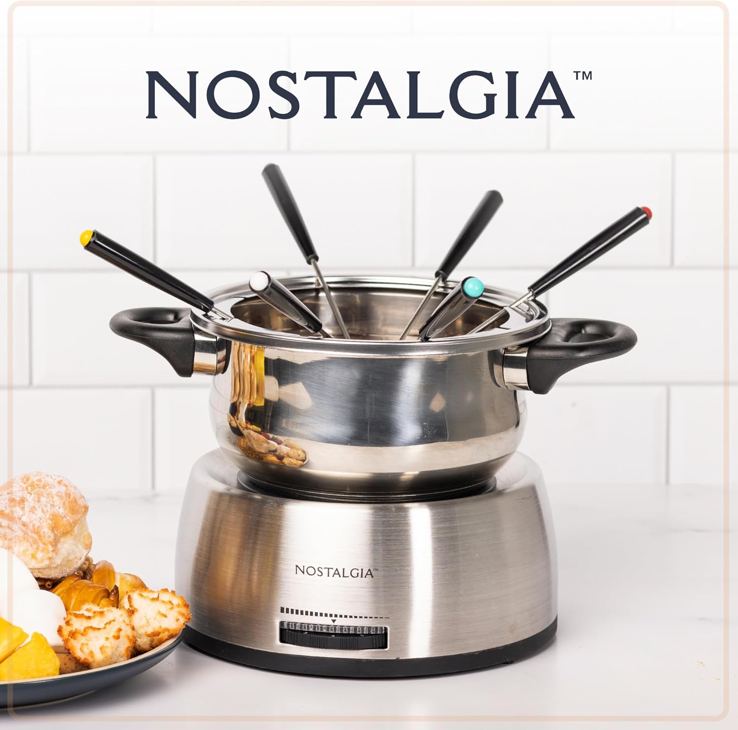 Nostalgia 6-Cup Electric Fondue Pot Set for Cheese & Chocolate - 6 Color-Coded Forks, Temperature Control - Stainless Steel Kitchen Gadgets and Appliances for Hors d'Oeuvres and More - Stainless Steel