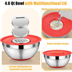 P&P CHEF Mixing Bowl with Lids Set of 3, Stainless Steel Nesting Salad Bowls for Serving Preparing, 3 Grater Attachments & Non-Slip Bottoms, Size 1.5/2.6/4.6 QT, Multicolor