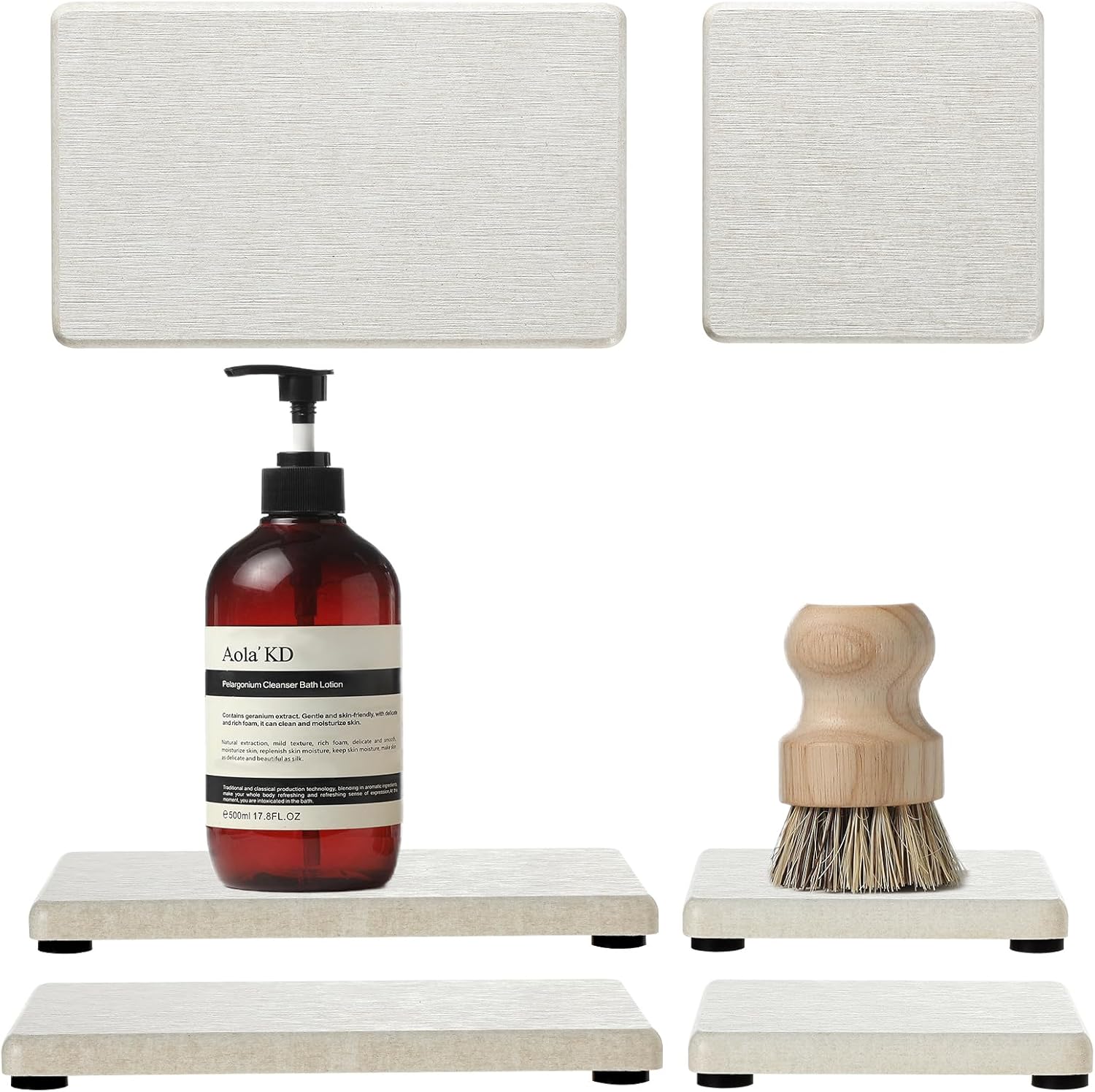 4PCS Bathroom Sink Vanity Trays, Diatomaceous Earth Quick Stone Drying Mat Kitchen Counter Dish Soap Dispenser Sponge Holder, Water Absorbing Caddy Organizer for Bottle & Cup, Beige