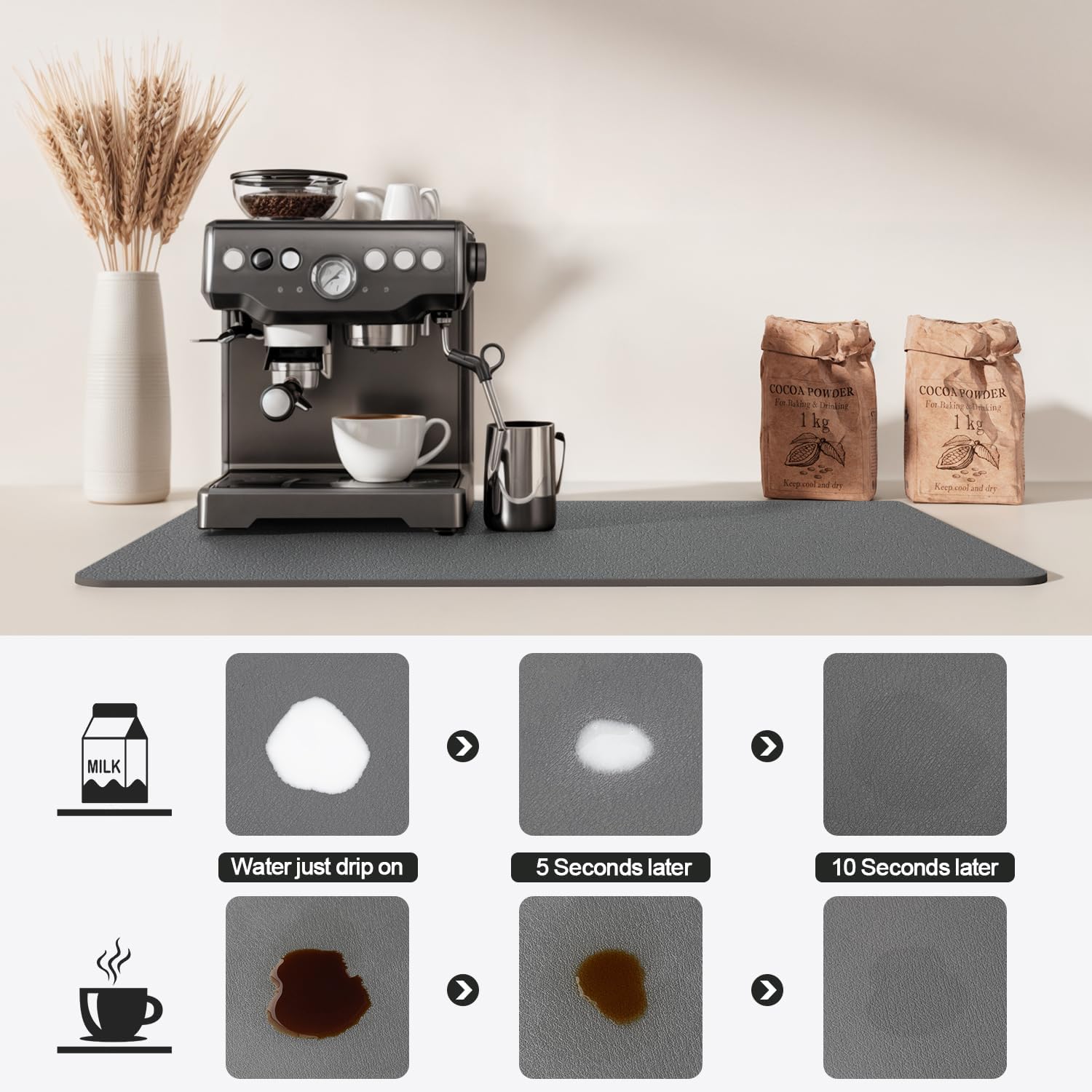 Dish Drying Mat for Kitchen Counter | Coffee Bar Mat for Countertops | Heat Resistant Drainer Mat with Non-slip Rubber Backed | Hide Stain Kitchen Absorbent Draining Mat | Dark Grey 18"x32"