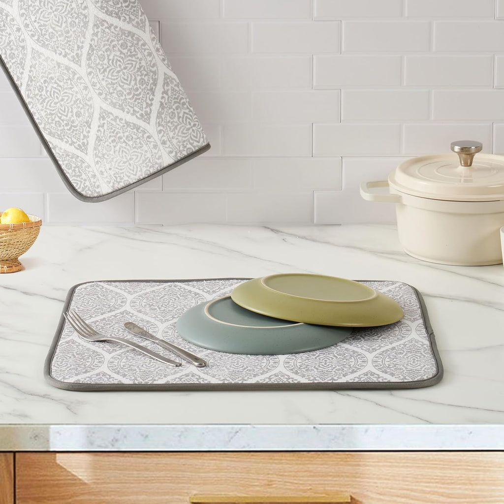 FRESHMINT Printed Dish Drying Mats for Kitchen Counter 2 Pack Absorbent Reversible Drying Mats Microfiber Kitchen Countertop Protector Dishes Drying Pad Extra Large 18"x16" Dish Mat