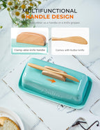 Butter Dish with Lid and Knife Ceramic Butter Holder for Counter Humanized Clamp-able Knife Handle Design, Perfect for East West Coast Butter, Skyblue