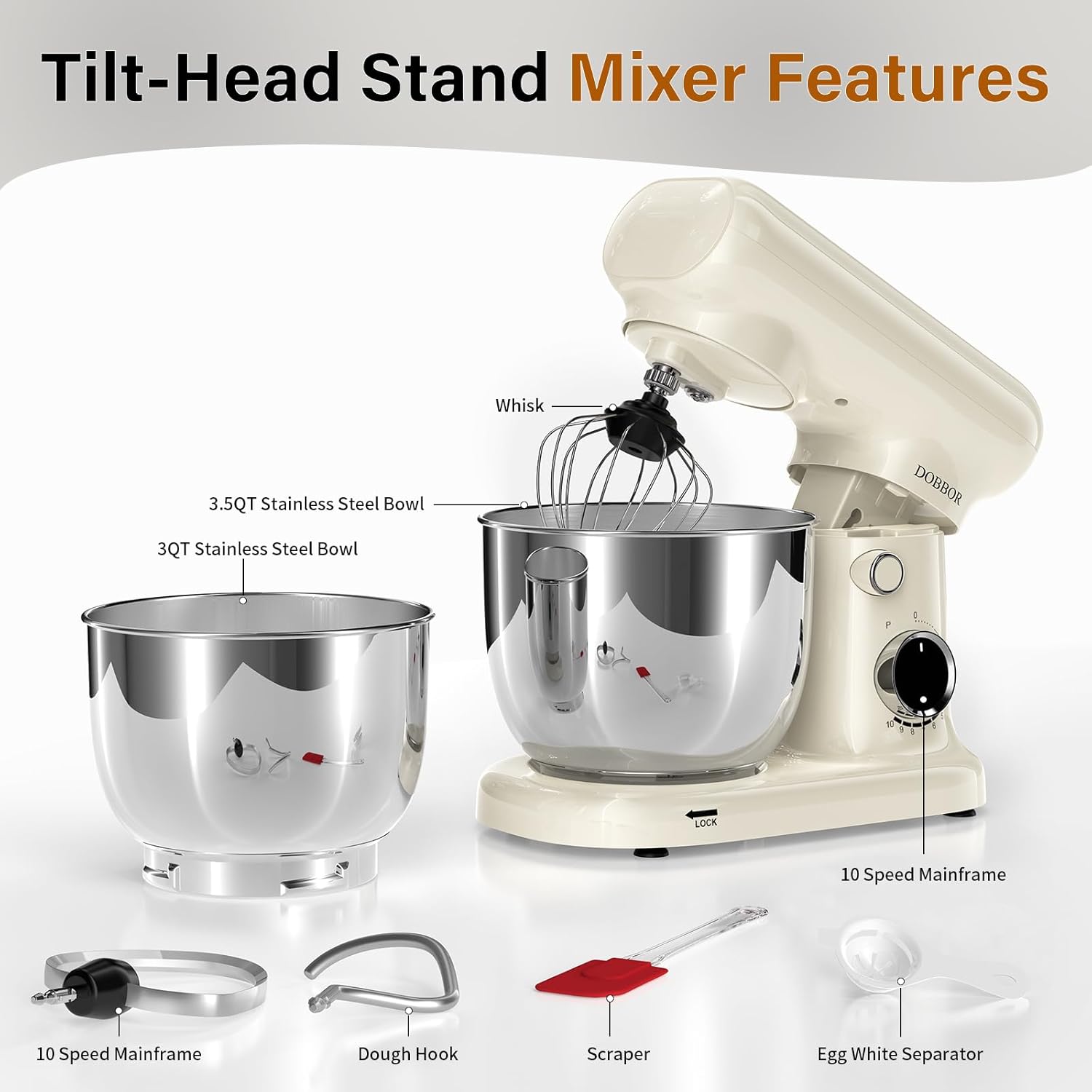 Stand Mixer with 3QT+3.5QT Dual Bowls, 10-Speed Electric 300W Food Mixer - Includes Egg Whisk, Dough Hook & Flat Beater for Home Baking & Daily Cooking (White)