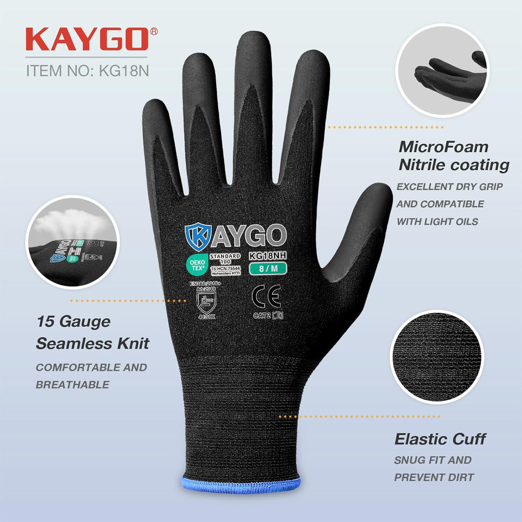 KAYGO Safety Work Gloves MicroFoam Nitrile Coated, 3 Pairs KG18NB,Seamless Knit Nylon Glove with full fingers Touchscreen, Ideal for Automotive,Warehouse,Construction (XL, Black)