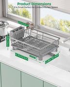 Dish Drying Rack, Stainless Steel Drainer Rack with Drainboard with Smart Drainage System, Space Saving Dish Strainer for Kitchen Counter with Cutlery Holder, Grey